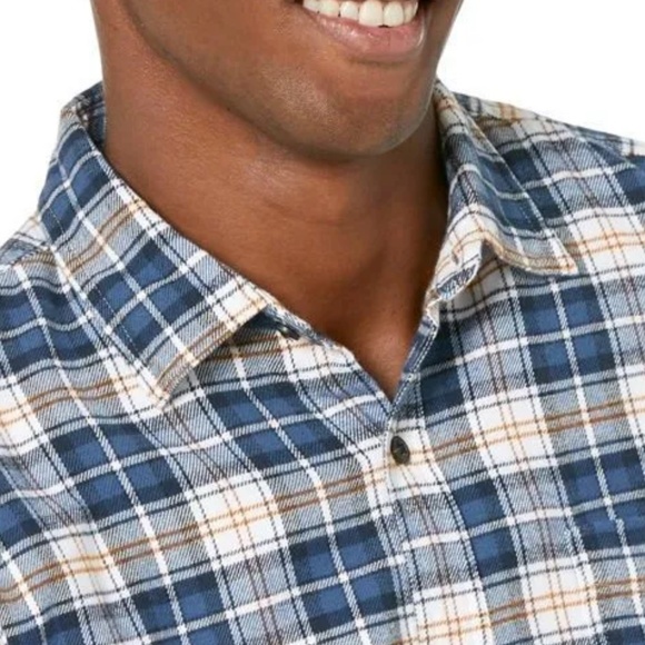 NWT Amazon Essentials Men’s Blue & White Plaid Flannel Shirt w/ Mustard Accent - Picture 4 of 4